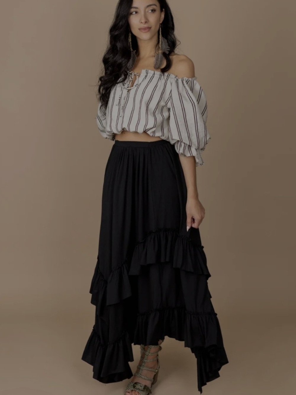 Joyfolie Theresa Black Tiered Ruffle Maxi Skirt - Women